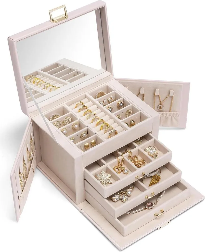 Boîte à Bijoux Vlando Beige : Fini les Colliers Emmêlés avec Miroir