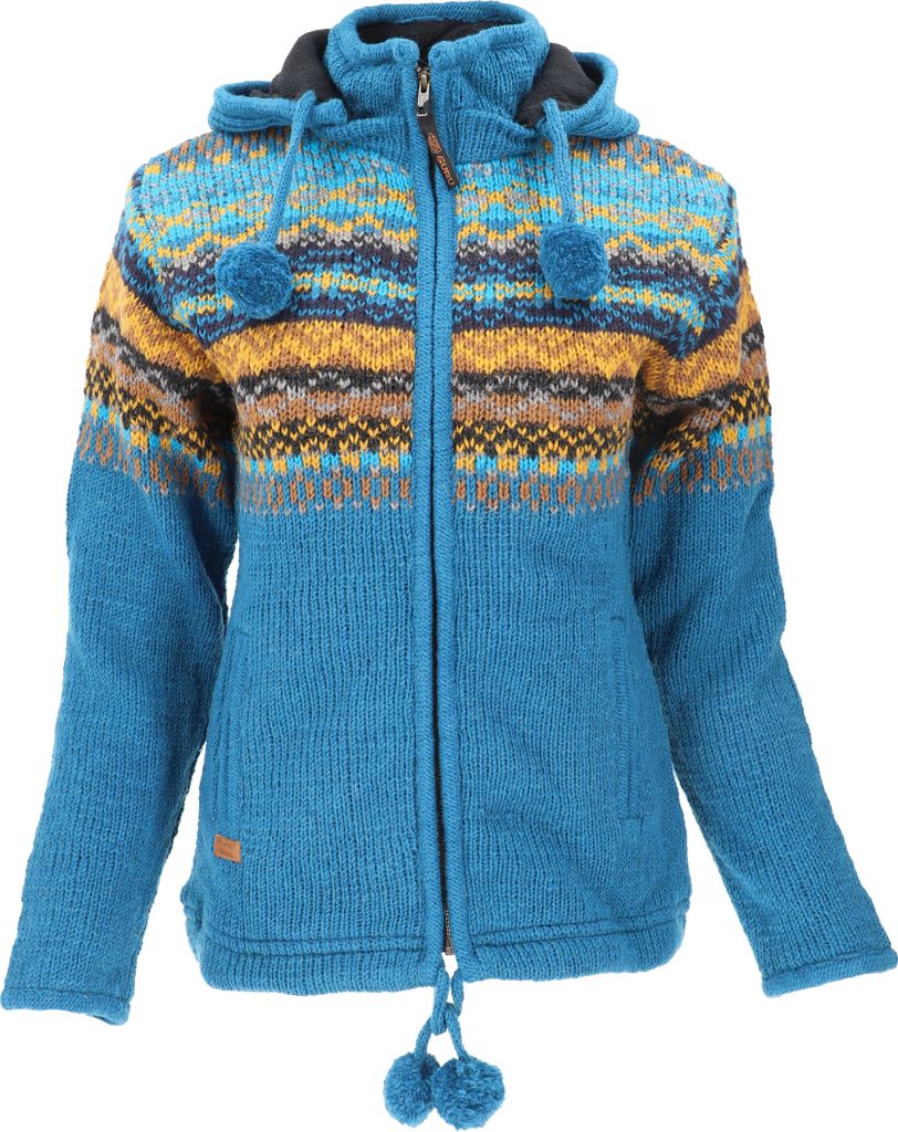 Kuschelige Gefütterte Strickjacke, Damenjacke, Wolljacke, Nepaljacke - Blau/curry, Wolle, Größe: XXL