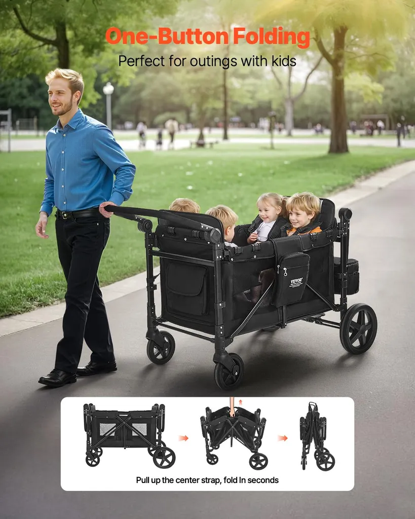 Grande poussette multiplace pliable pour 4 enfants avec canopy noir - 2