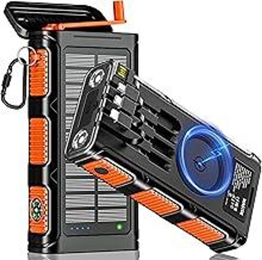 Wireless Solar Powerbank 26800mAh mit Handkurbel und 4 Kabel, Solar Ladegerät Power Bank USB-C Schnellladung 7 Ausgänge 4 Eingänge für Handy, O...