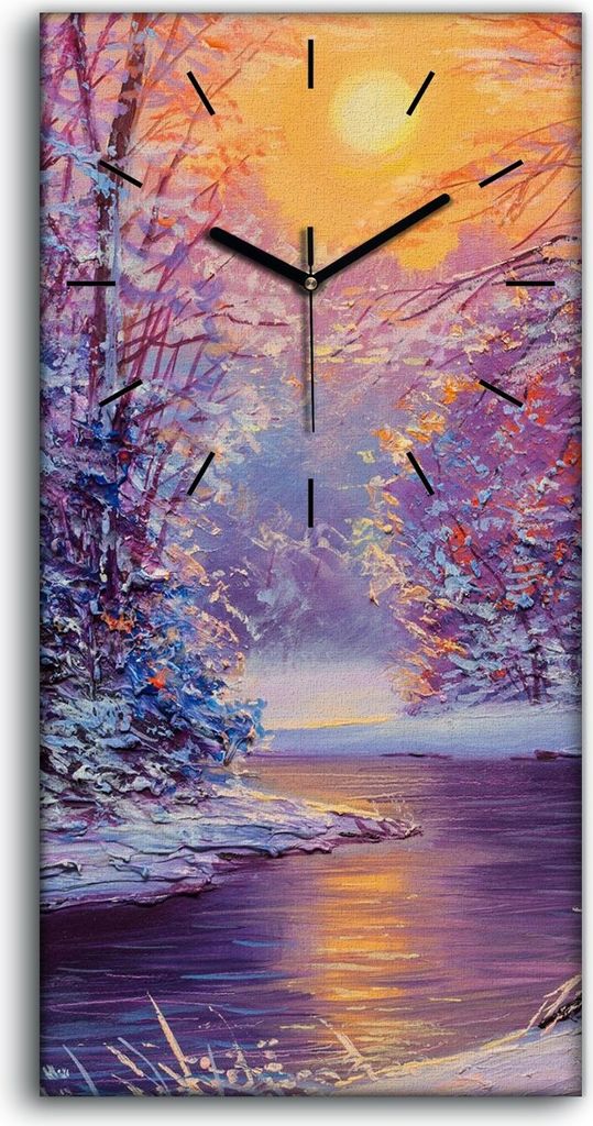 Dekor Leinwand Uhr Wandbilder Kunstdruck 30x60 Winter Wald Bäume Fluss Sonne - schwarze Hände
