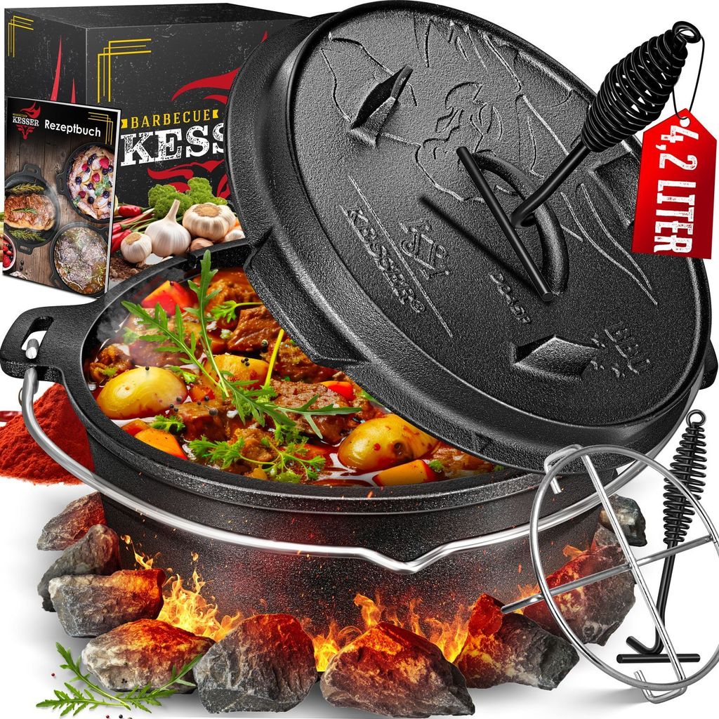 KESSER Dutch Oven Set BBQ Feuertopf Schmortopf, Gusseisen Topf mit Deckelheber Henkel und Schlitz für Themormeter, kochkessel Grilltopf Gulaschk...