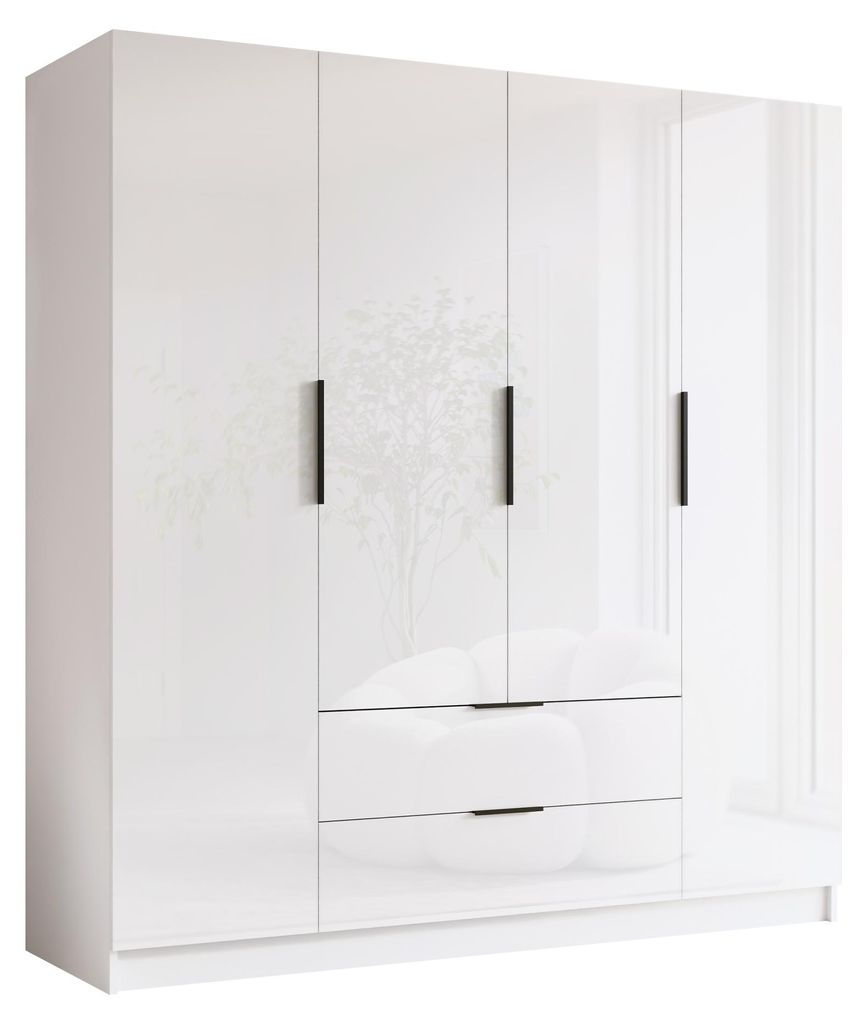 MIRJAN24 Kleiderschrank Sofia I 200, Schlafzimmer, Drehtürenschrank, mit Kleiderstange, Modern, Garderobenschrank, Metallgriffe (Farbe: Weiß / We...