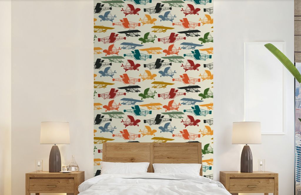 MuchoWow Fototapete für Wohnzimmer oder Schlafzimmer Wandtapete Vinyl Motivtapete Muster - Flugzeug - Retro - Jungen - Kinder - Kleiner Junge - ...