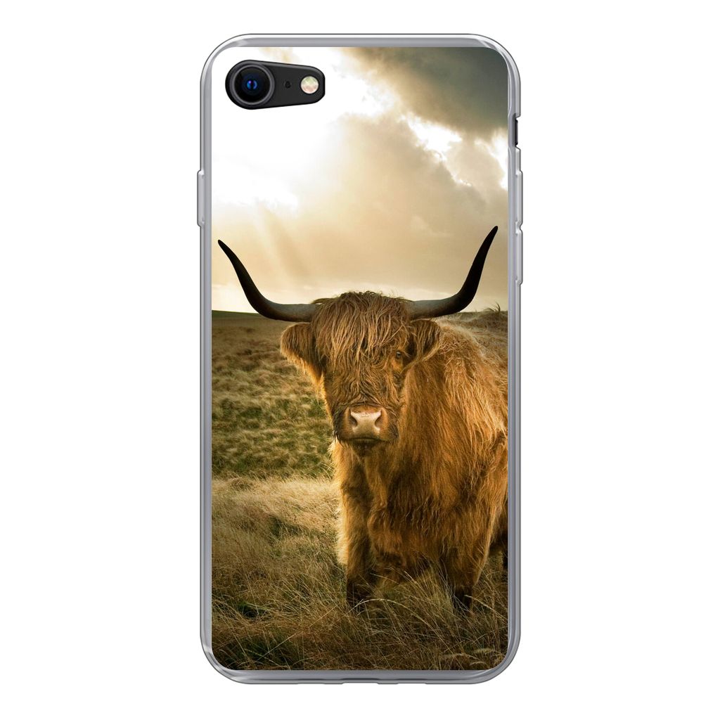 MuchoWow Handyhülle Schutzhülle Hülle für iPhone SE 2022 Schottischer Hochländer - Sonne - Tiere Silikon Softcase Handy Hülle - Schutzhülle