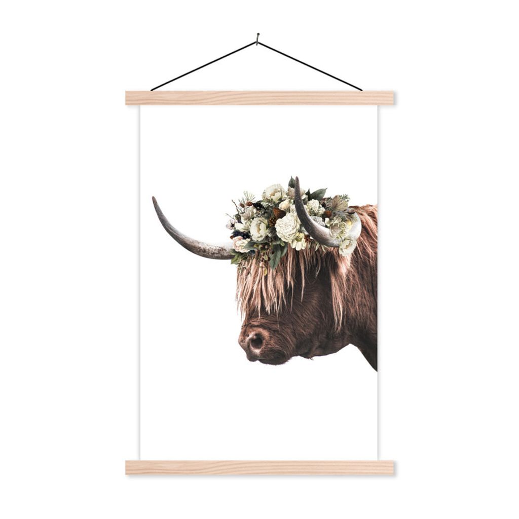 MuchoWow Textilposter Schottischer Highlander - Blumen - Weiß 120x180 cm mit holzfarbenen Rahmen - Textil-Plakat