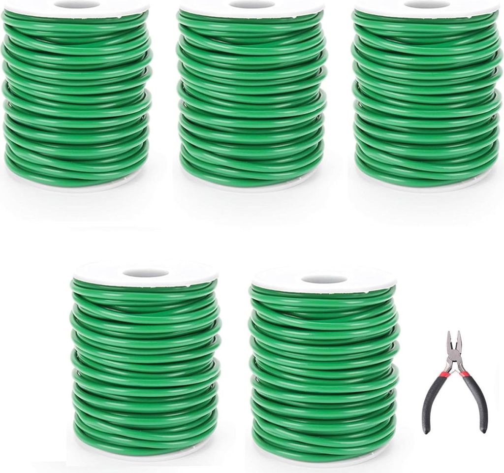 Gummierter Pflanzendraht, 3mm x 8m, Grün, 5 Rollen mit Gartenschere, Weicher Bindedraht für Pflanzenunterstützung