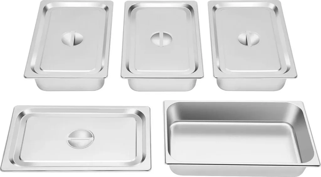 Contenitori Gastronorm da buffet con coperchi - Set di 4 contenitori per alimenti - Acciaio inossidabile - Capacità 9-36 L - Per catering e uso domestico - Grigio chiaro