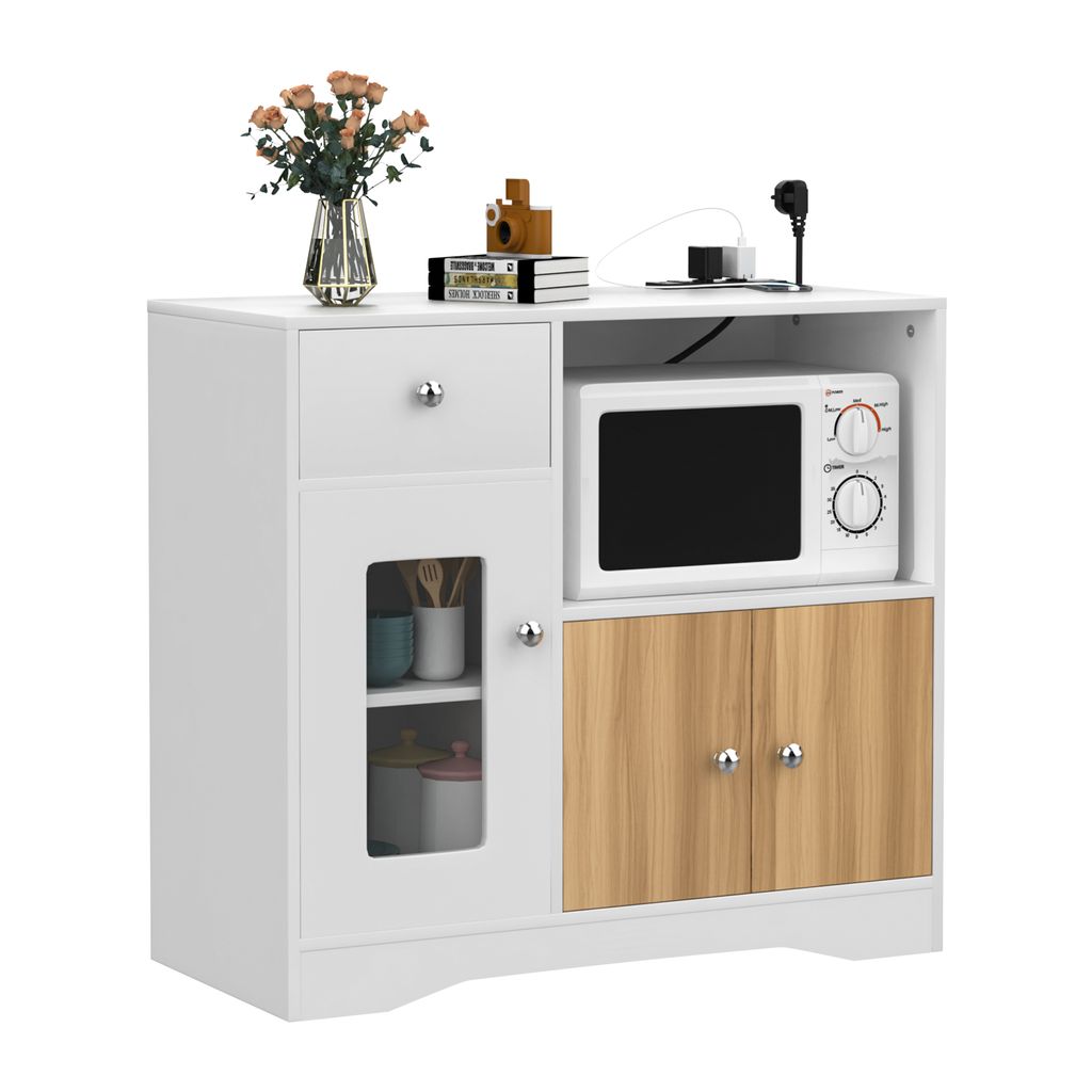 Küche Sideboard mit Steckdose für Mikrowelle Küchenschrank mit Schubladen,Beistellschrank für Esszimmer, Küche, Wohnzimmer