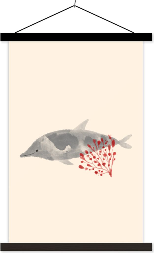 MuchoWow Textilposter Delfin - Wasserpflanzen - Rot - Aquarell 40x60 cm mit schwarzem Rahmen - Wanddekorationen
