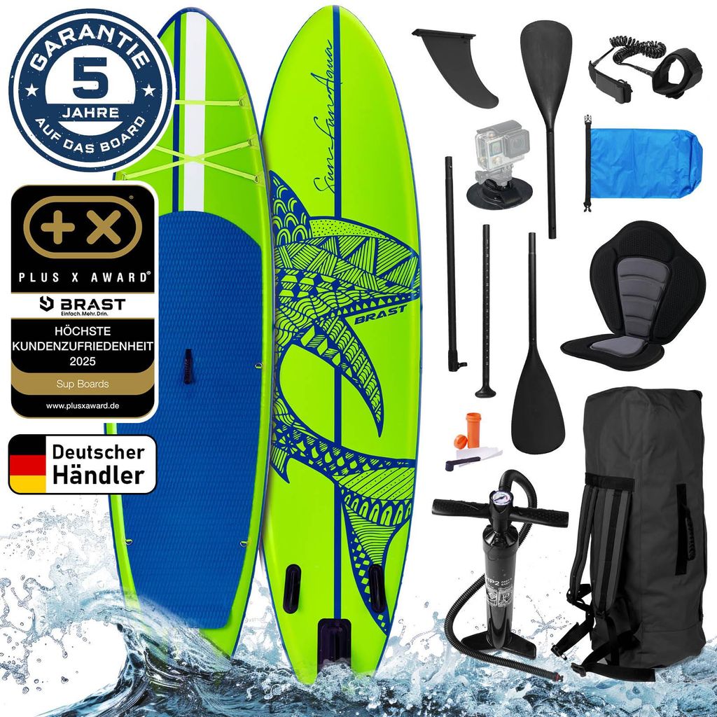 BRAST SUP Board Shark | Aufblasbares Stand up Paddle Set | 320x81x15cm | 8 Designs | inkl. Sonderzubehör | 2in1 Paddel Kajak-Sitz Action-Cam-Halte...