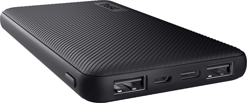A black power bank is shown from a diagonal angle against a white background.