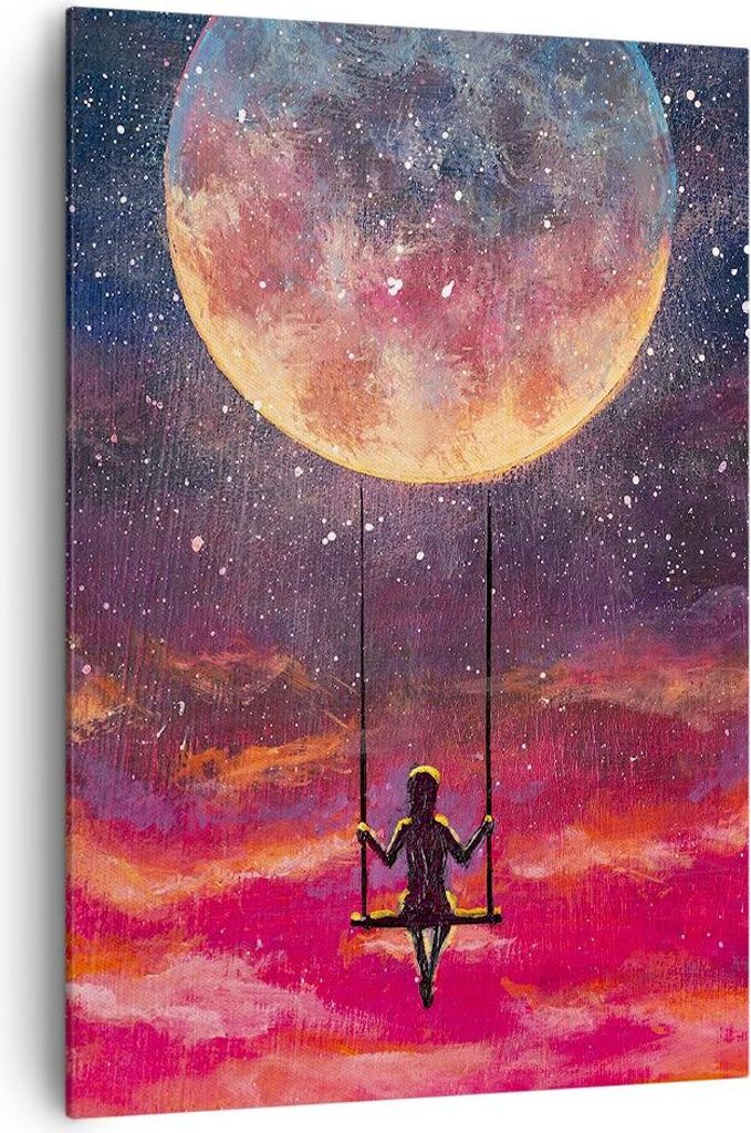 Bild auf Leinwand - Leinwandbild - Einteilig - Mond Schaukel Frau - 70x100cm - Wand Bild - Wanddeko - Wandbilder - Leinwanddruck - Wanddekoration -...