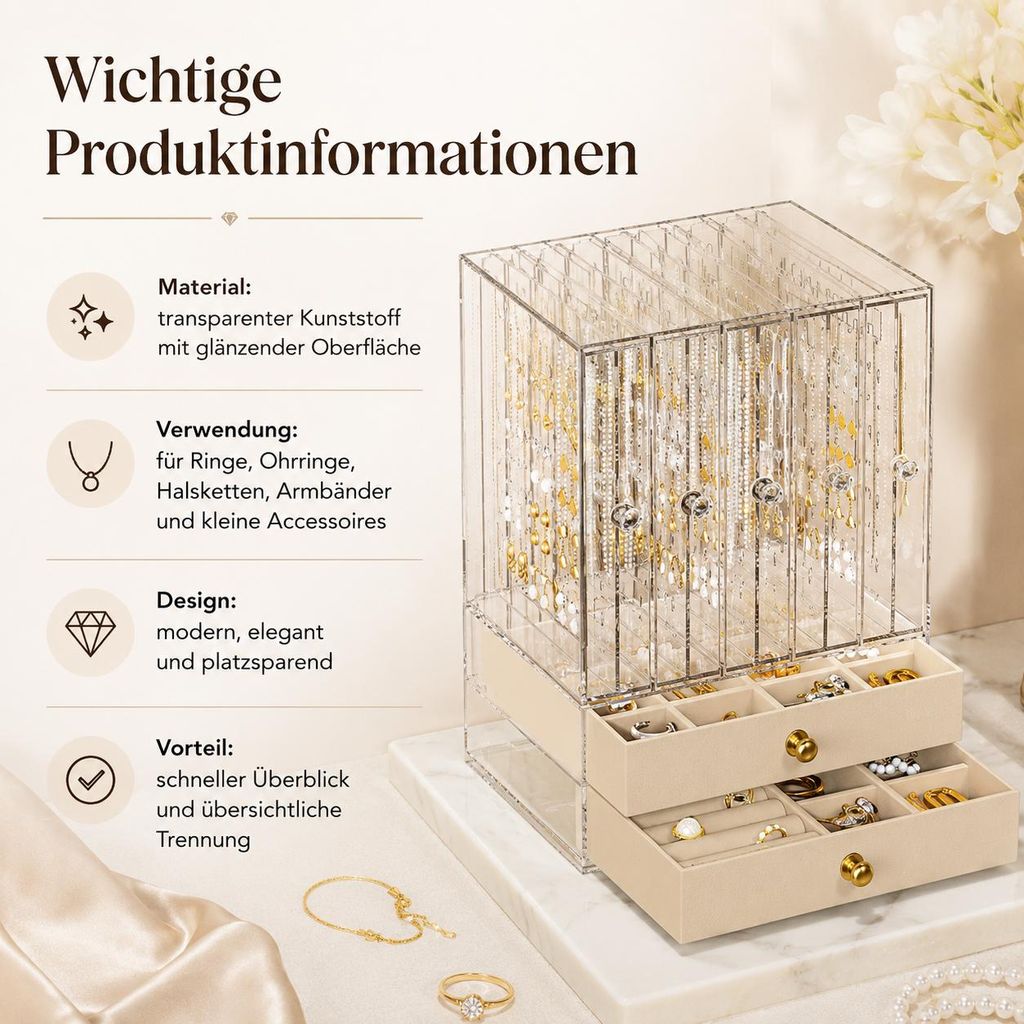Transparenter Schmuckkasten groß, herausnehmbare Fächer für