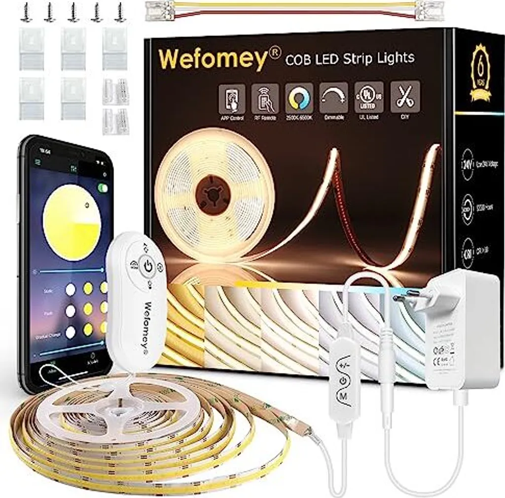Striscia LED COB bianco caldo bianco freddo, 5 m kit flessibile dimmerabile telecomando Smart App Control, CRI90 + 3200 LED 2700 K - 6500 interno esterno