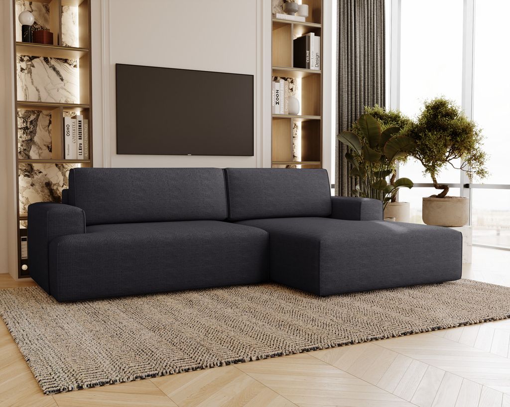 Ecksofa mit Schlaffunktion Boston - Eckcouch, Bettkasten, Kleines Sofa, Rechts, Schwarz (Memphis 20)