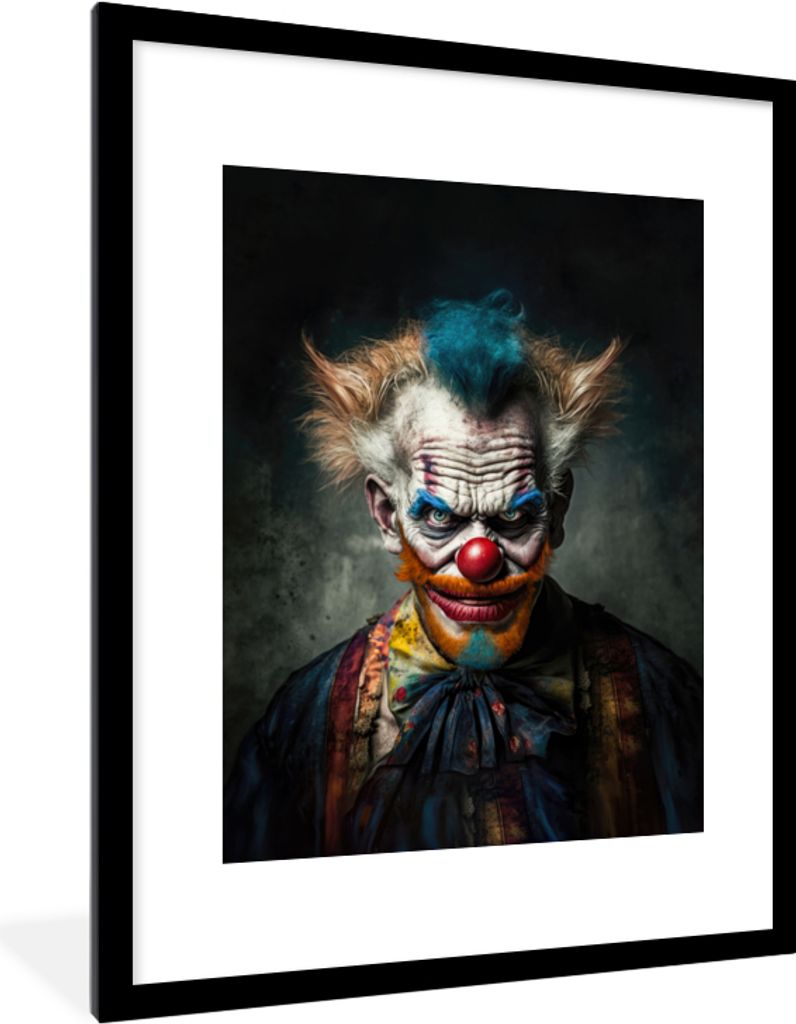 MuchoWow Gerahmtes Poster Clown - Porträt - Make-up - Clownsnase - Kleidung 60x80 cm - Poster mit Schwarzem Bilderrahmen Wandposter Rahmen Foto ...