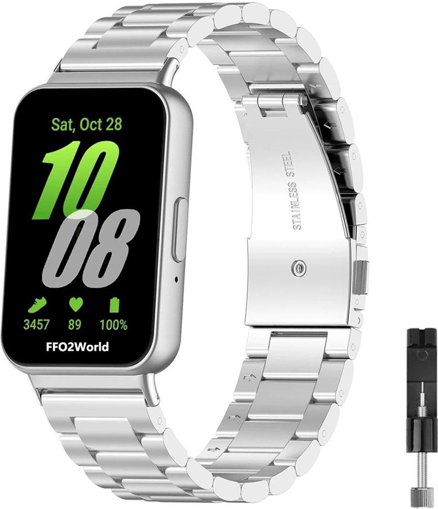 FFO2World Stahlgliederarmband - Passend für Samsung Galaxy Fit 3 - Metallarmband aus Edelstahl - Silber (Inklusive Kürzungswerkzeug)