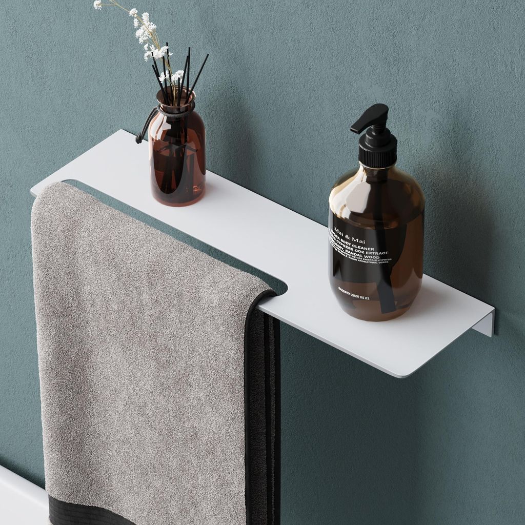 Mai & Mai Duschablage zum Bohren oder Kleben Duschregal Badablage aus Aluminium 40cm Badezimmerablage zur Wandmontage Organizer Matt weiß Reglo-06