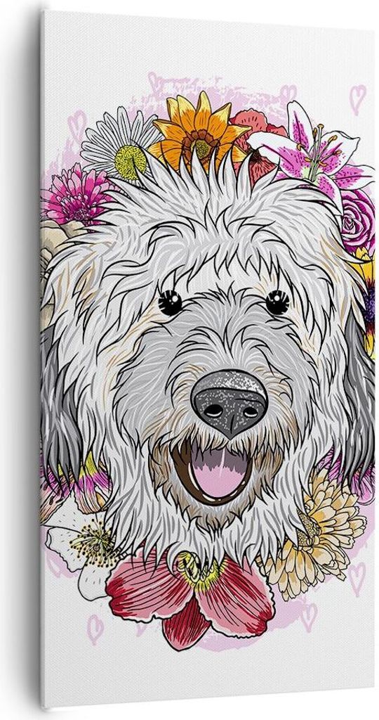 Bild auf Leinwand - Leinwandbild - Hund Blumen Kinder exotische - 65x120cm - Wand Bild - Wanddeko - Leinwanddruck - Bilder - Kunstdruck - Wanddekor...