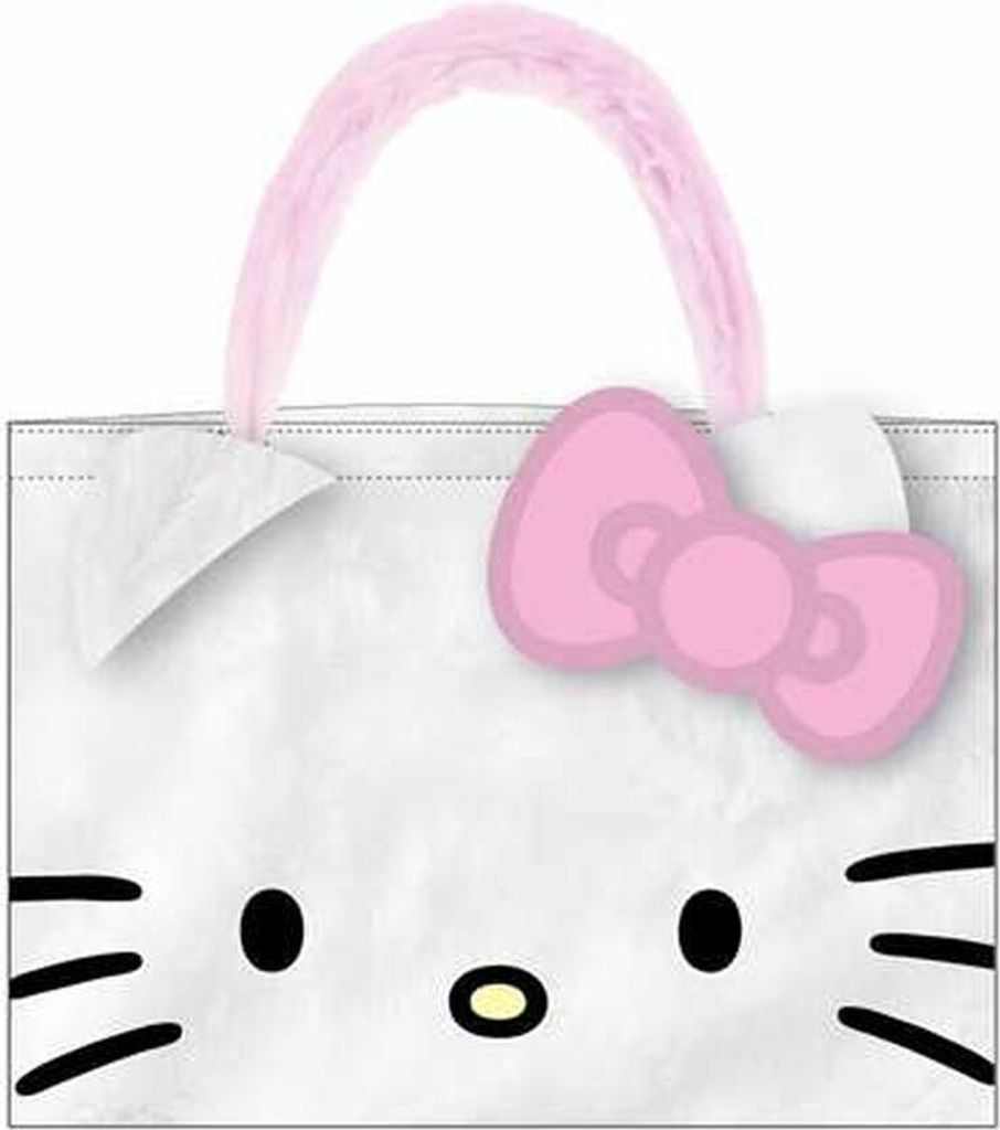 A white Hello Kitty shopping bag with a pink bow and fluffy pink handles.