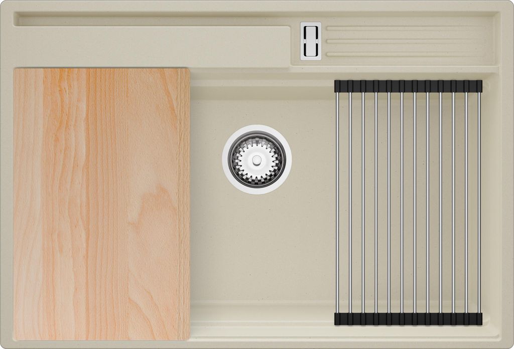 PRIMAGRAN Spülbecken Beige 78x53cm, Granitspüle 1 Becken + Ablauf-Set + Küchenzubehörset, Küchenspüle ab 80er Unterschrank - Oslo Pocket