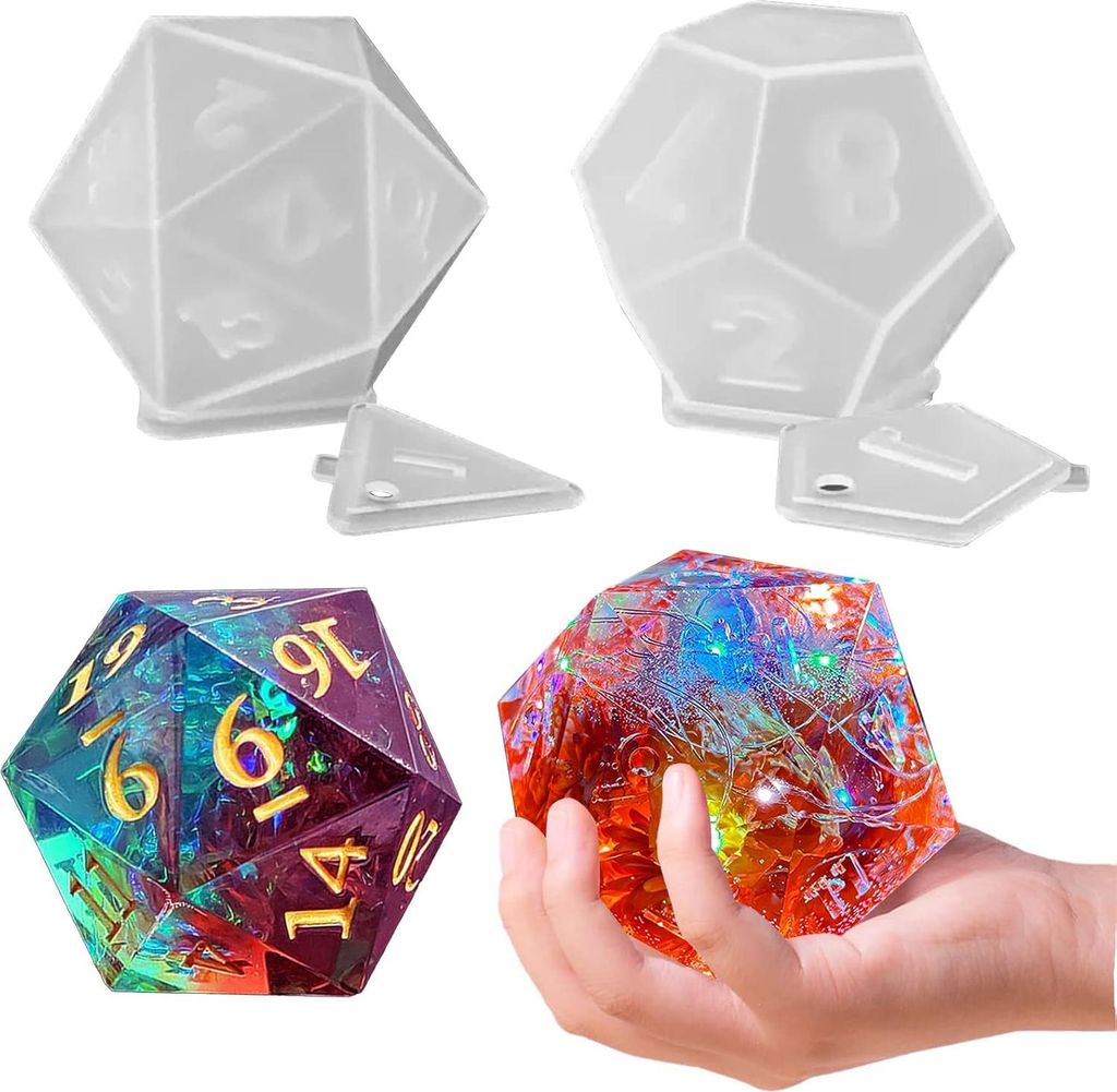 Große Würfel-Harz-Formen, 2 Stile Silikon-Würfelform für Epoxidharzguss, dreieckige sechseckige D20 D12 Würfelspielform mit Zahlen, Silikonhar...