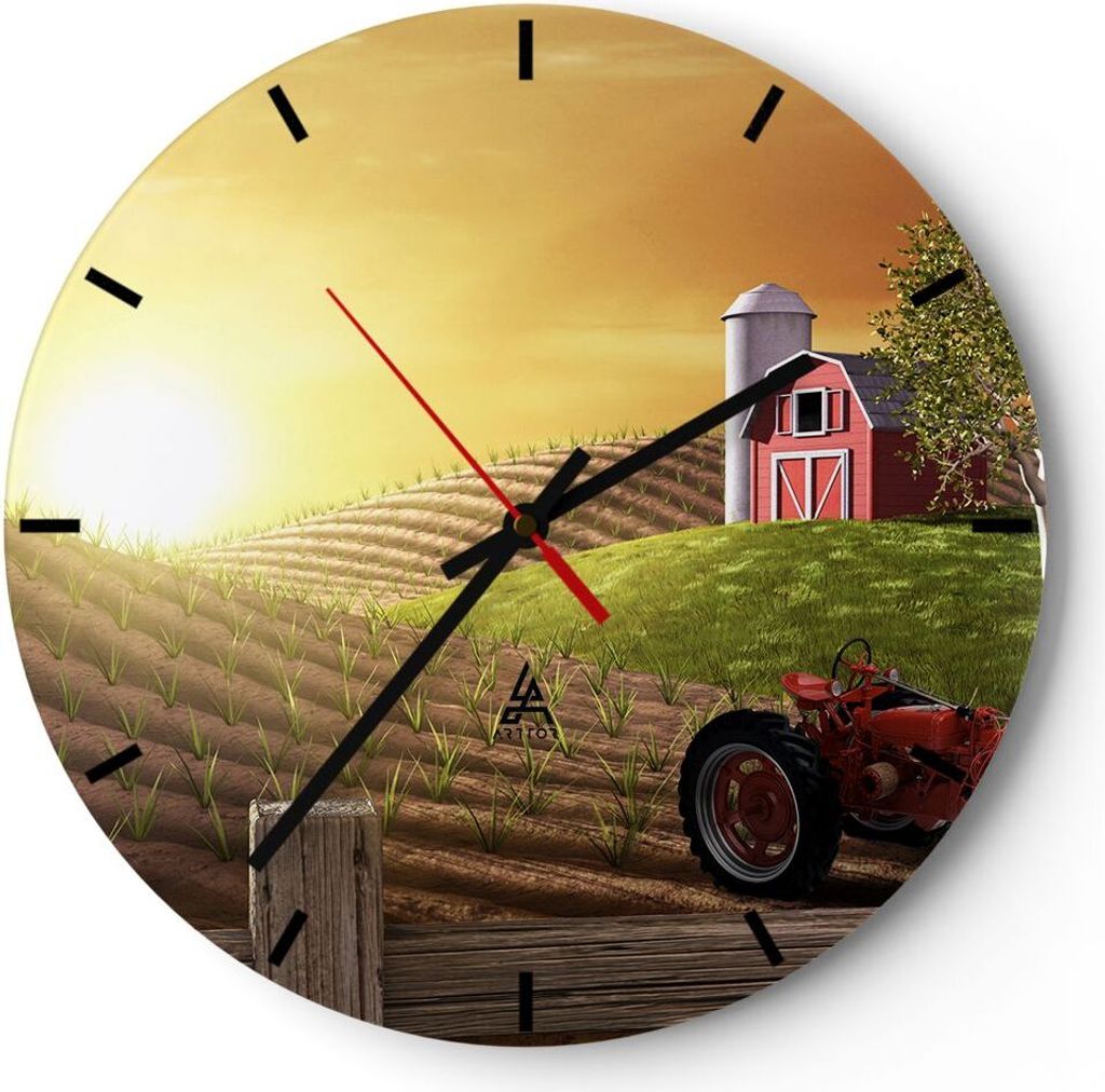 Wanduhr - Rund - Glasuhr - Morgen Bauernhof Feld Plantage - 40x40cm - Schleichendes Uhrwerk - Lautlos - zum Aufhängen bereit - Dekoration Modern -...