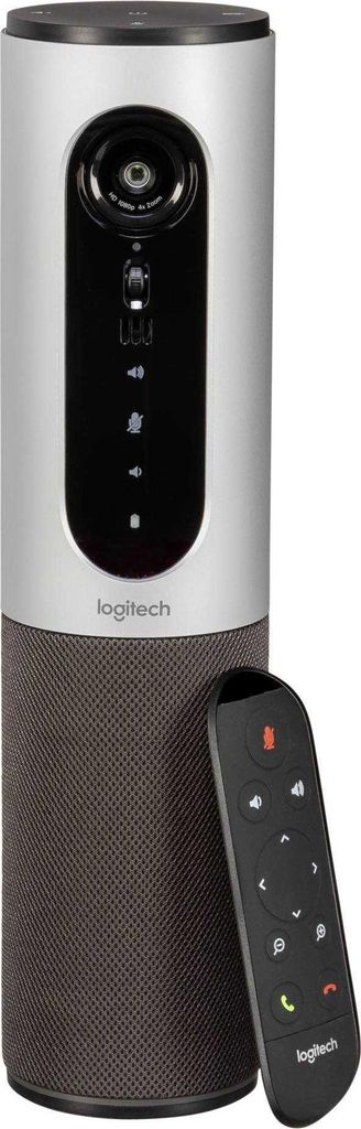 A Logitech Conference Cam Connect device with its remote control.