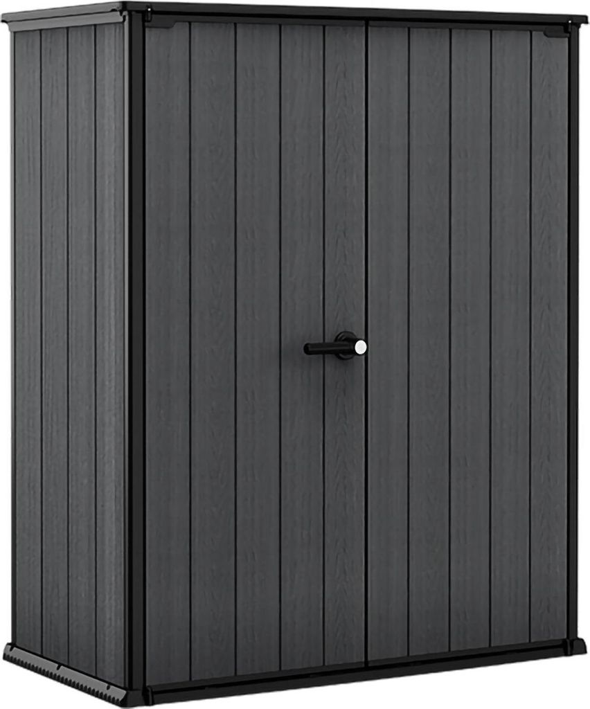 A dark gray storage cabinet with double doors and a black handle.