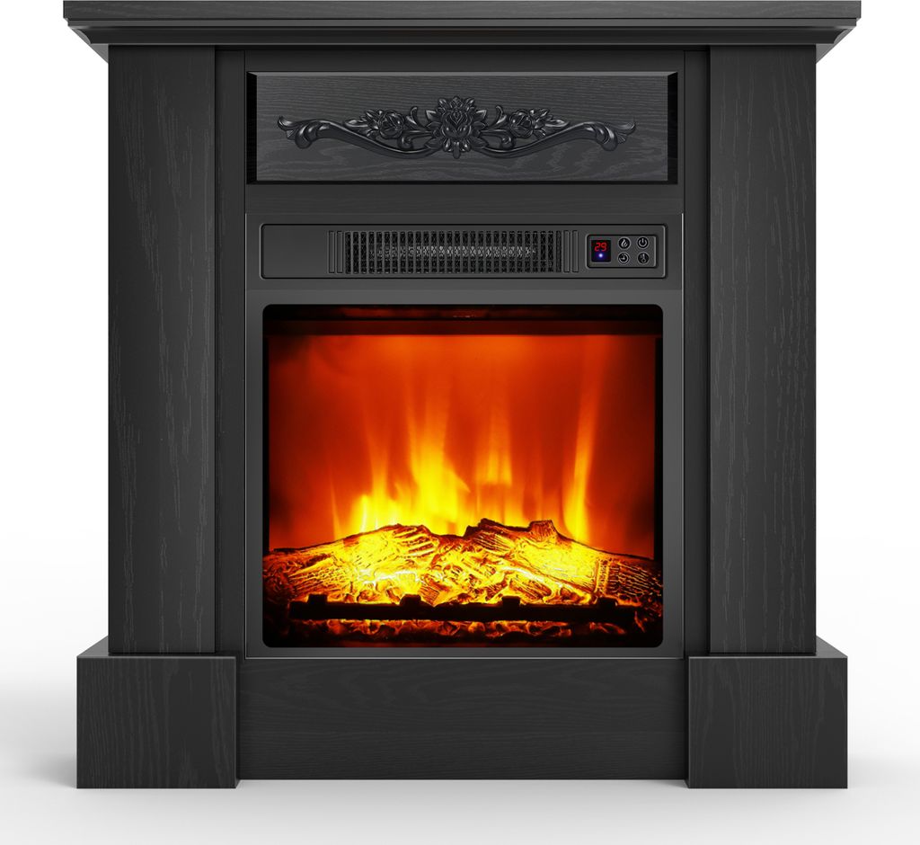 OYAJIA Elektrokamin 1000 / 2000W - Elektrischer Kamin Standkamin mit 3D-Flammeneffekt, Fernbedienung, Heizung, Thermostat & Timer - Barockstil Schwarz