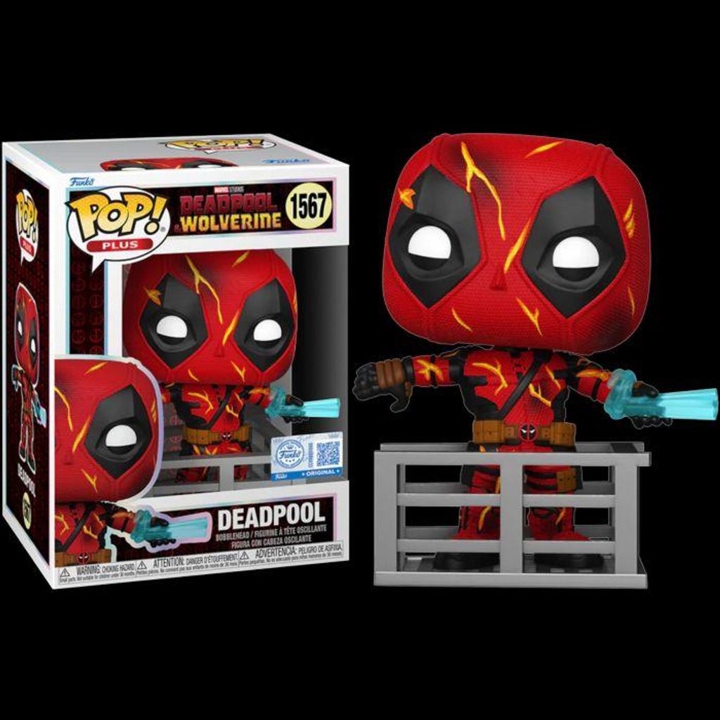 A Funko Pop! vinyl figure of Deadpool in his Wolverine-inspired costume, displayed both in its packaging and out of the box.