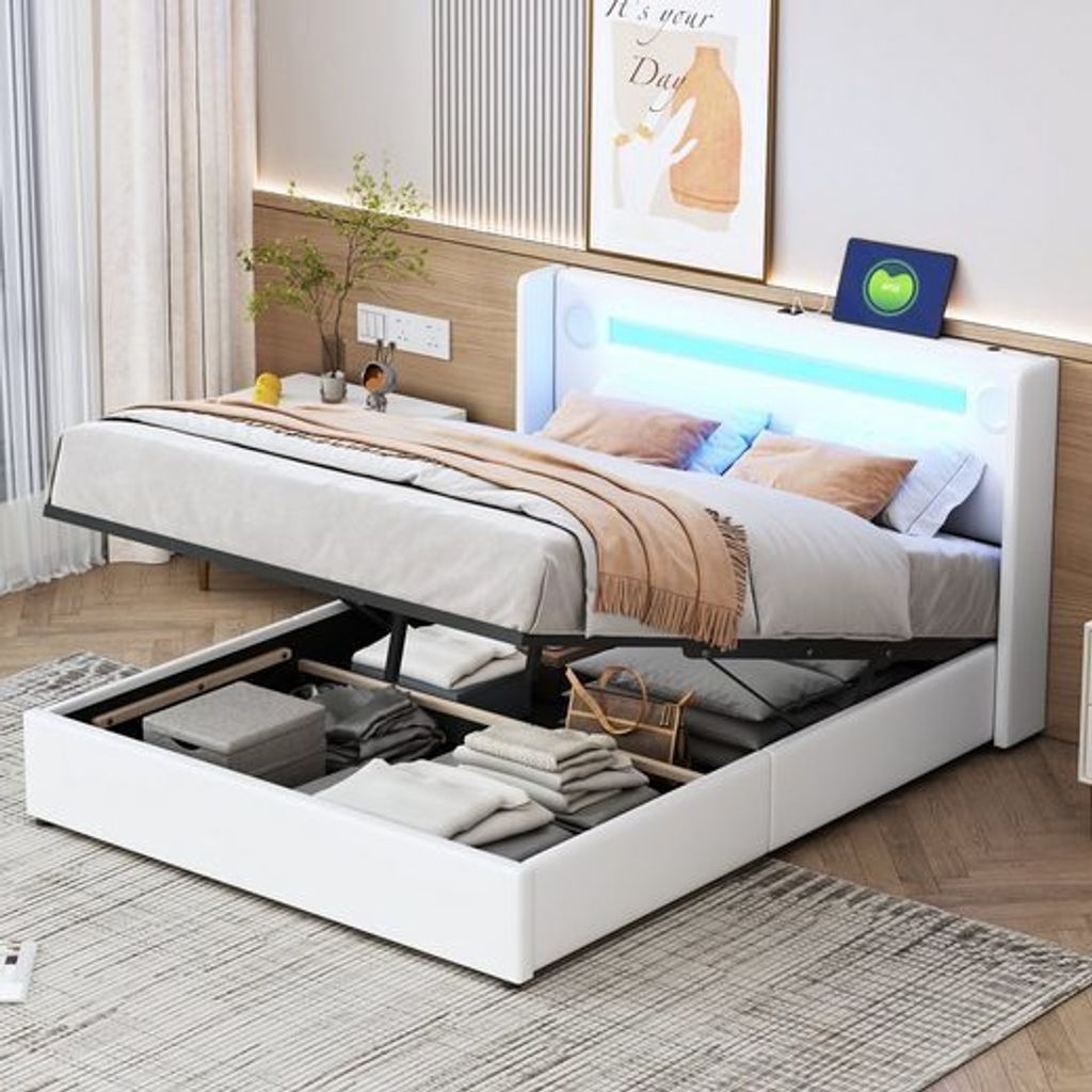 Odikalo Polsterbett Stauraumbett 140x200 LED Bluetooth-Player USB Kunstleder Lattenrost Weiß