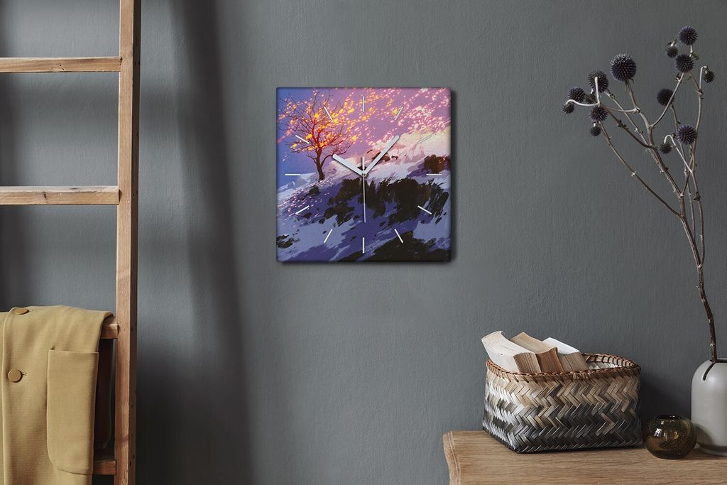 Coloray Hodiny Unikátní 30x30 cm Tiché hodiny Pro obývací pokoj a kuchyň Nástěnné hodiny Plátno Bílé ručičky hodin - Zimní sníh hor...