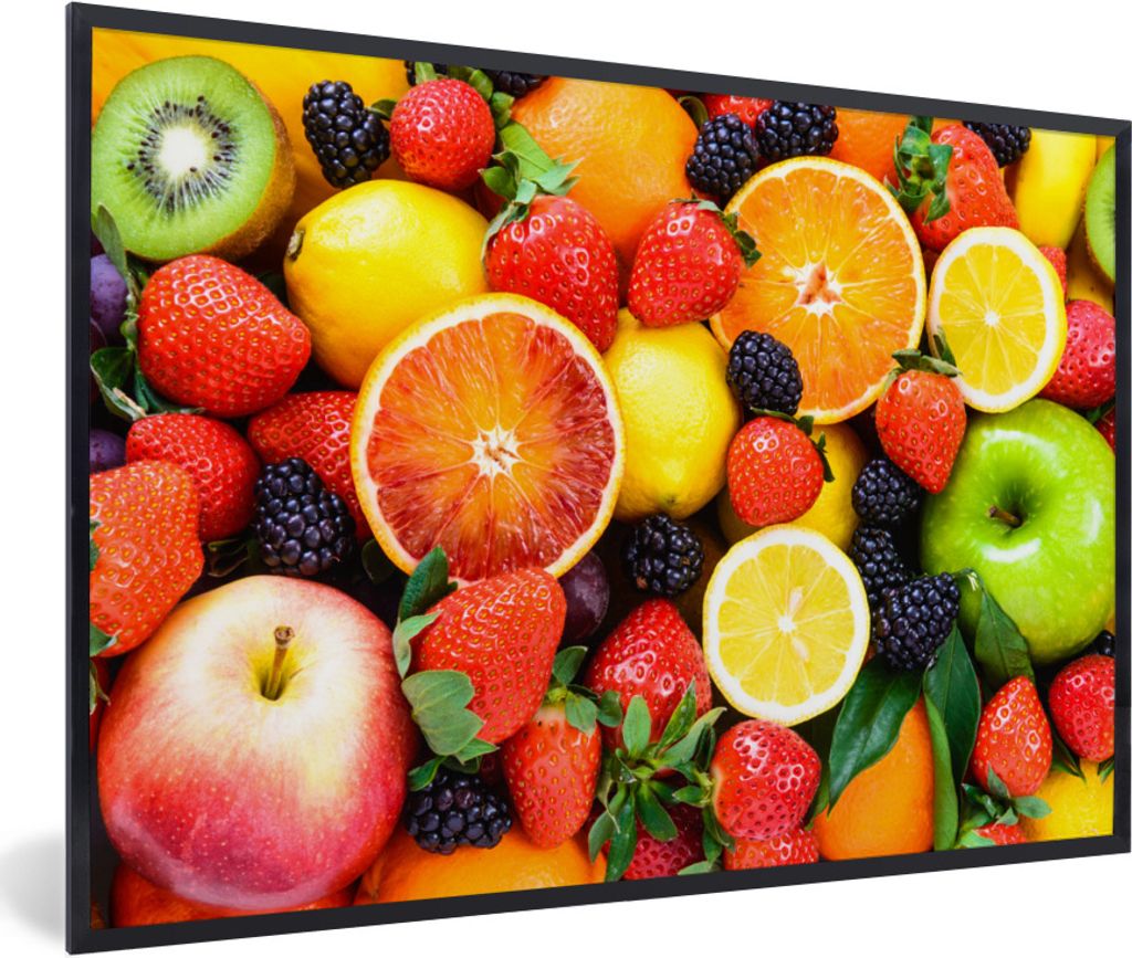 MuchoWow Gerahmtes Poster Erdbeere - Zitrone - Obst 60x40 cm - Poster mit Schwarzem Bilderrahmen Wandposter Rahmen Foto Bilder - Printing - Wandd...