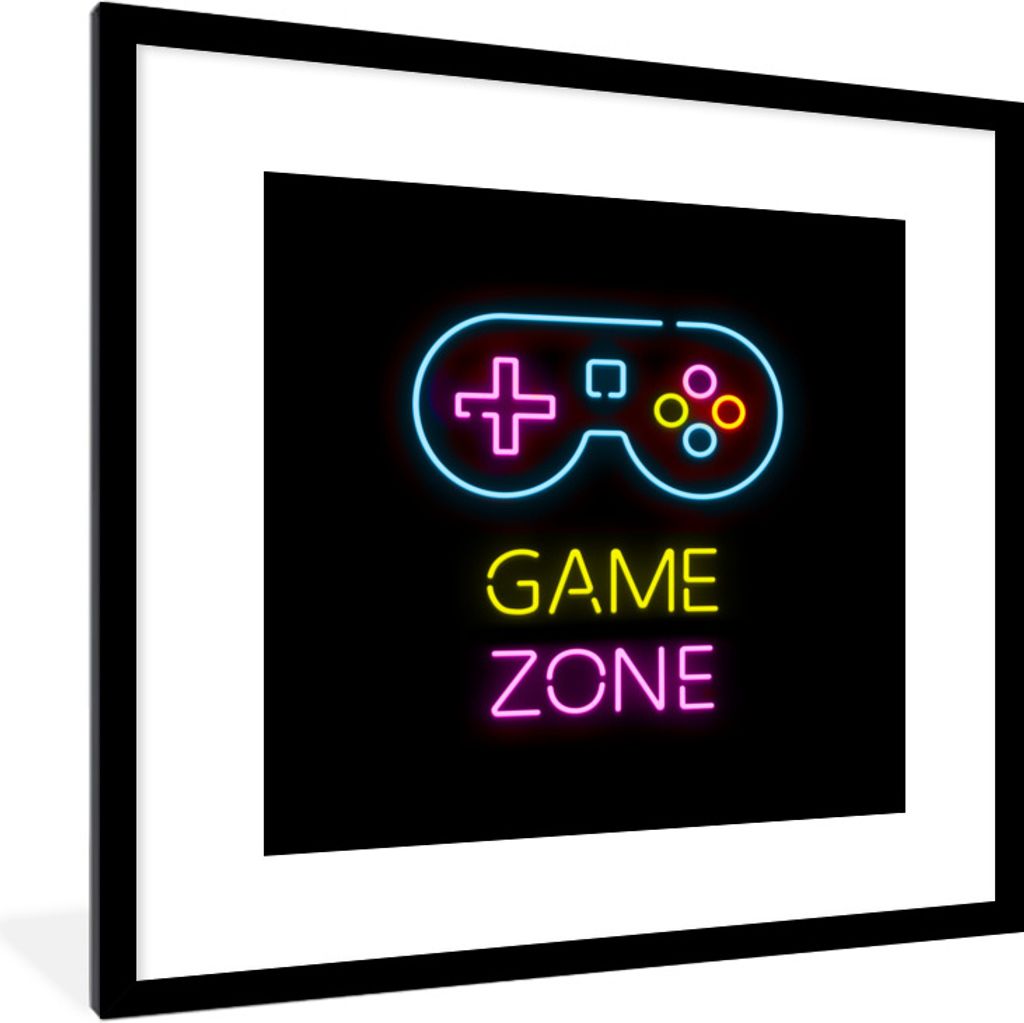 MuchoWow Gerahmtes Poster Controller - Spiel - Neon - Schwarz - Zitate - Spielzone 40x40 cm - Poster mit Schwarzem Bilderrahmen Wandposter Rahmen...