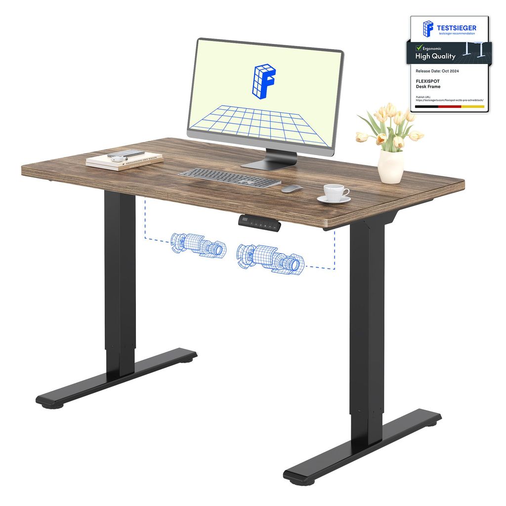 A standing desk with a computer, keyboard, and a vase of flowers on top. Blue wireframe diagrams show the desk's lifting mechanism.