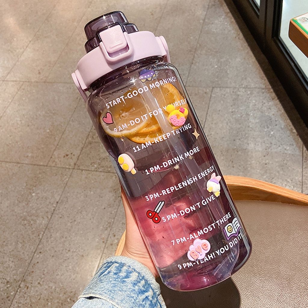 2 Liter Trinkflasche Sportflasche Wasserflasche mit  Strohhalm+Zeitmarkierungen