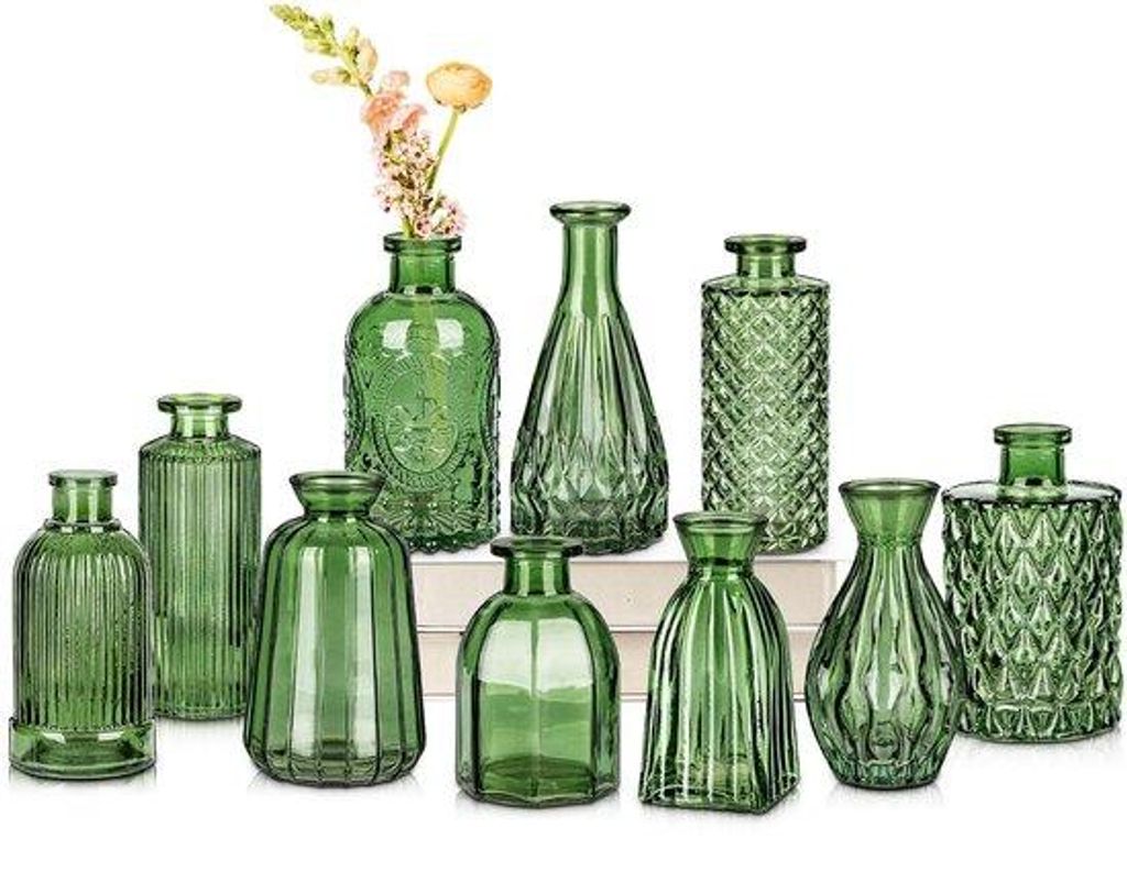 Set aus 10 kleinen Vasen, kleine Glasvasen, Vintage-Decorations, Blumen- und Tischdeko, Mittelpunkte, Hochzeitsdekor, Blumen- und Tischdeko, Wohnzi...