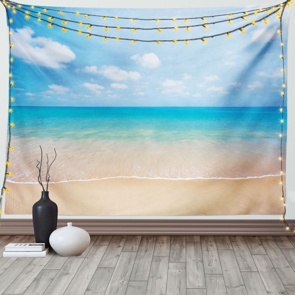 ABAKUHAUS Natur Wandteppich, Tropischer Seeküsten-Himmel, Wohnzimmer Schlafzimmer Heim Seidiges Satin Wandteppich, 200 x 150 cm, Creme Blau