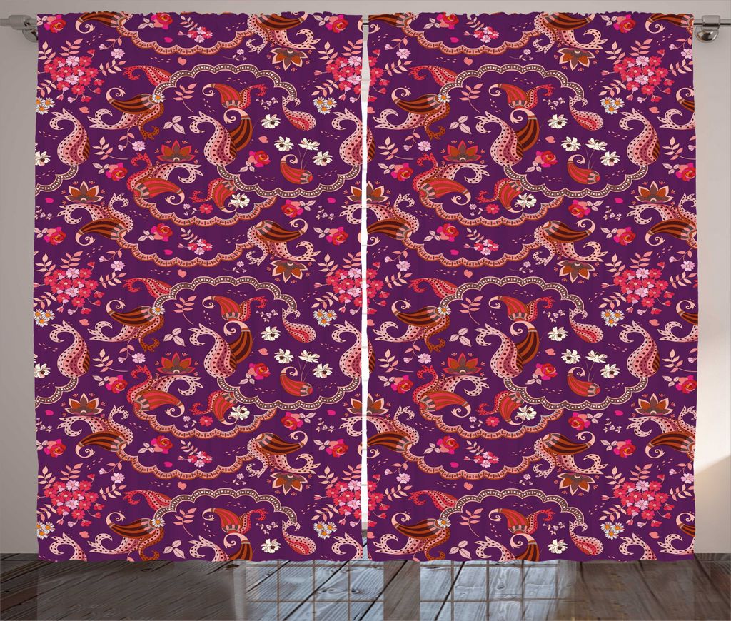 ABAKUHAUS Blumen Rustikaler Vorhang, Garten Flora und Paisley, Wohnzimmer Universalband Gardinen mit Schlaufen und Haken, 280 x 225 cm, Lila und Du...