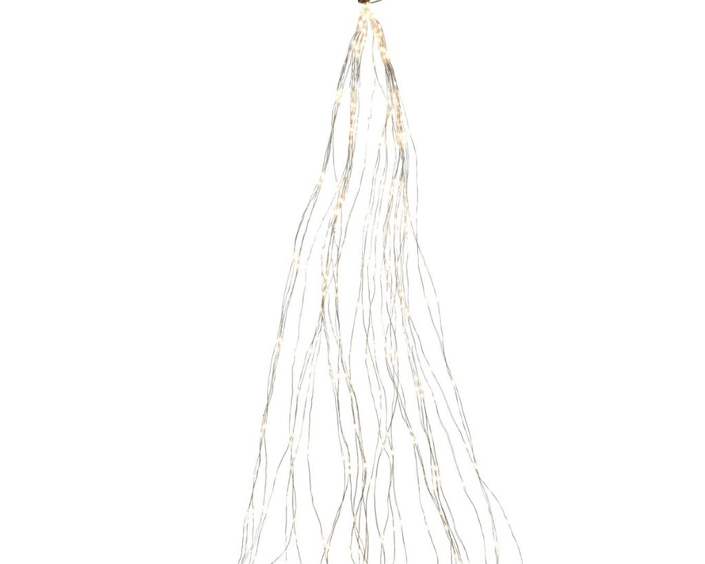 A string of LED lights hanging against a white background.