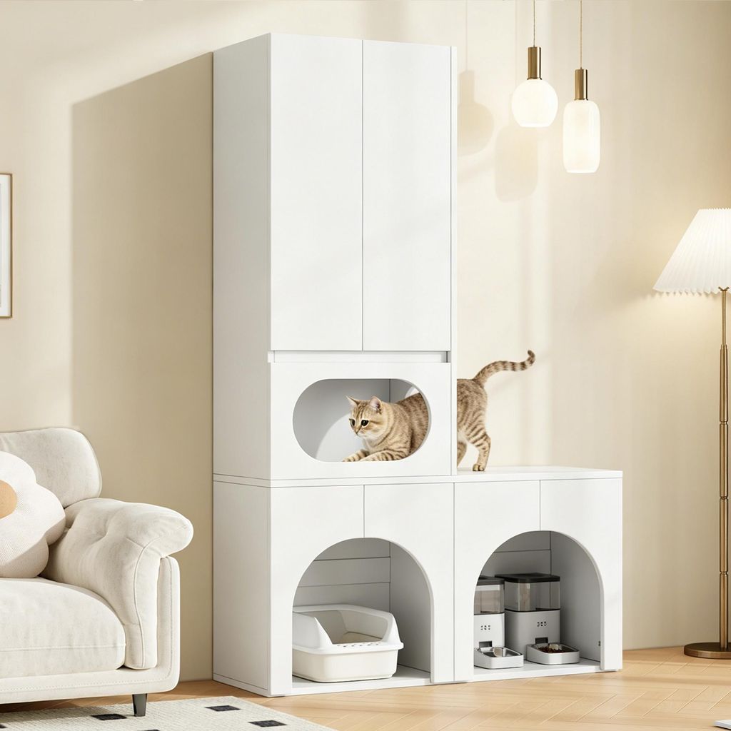 okwish Haustierschrank Schrank für 2 Katzentoiletten, Highboard mit Haustierruhebereich und Ablagefächern, Aufbewahrungsschrank in Weiß, ohne Ka...
