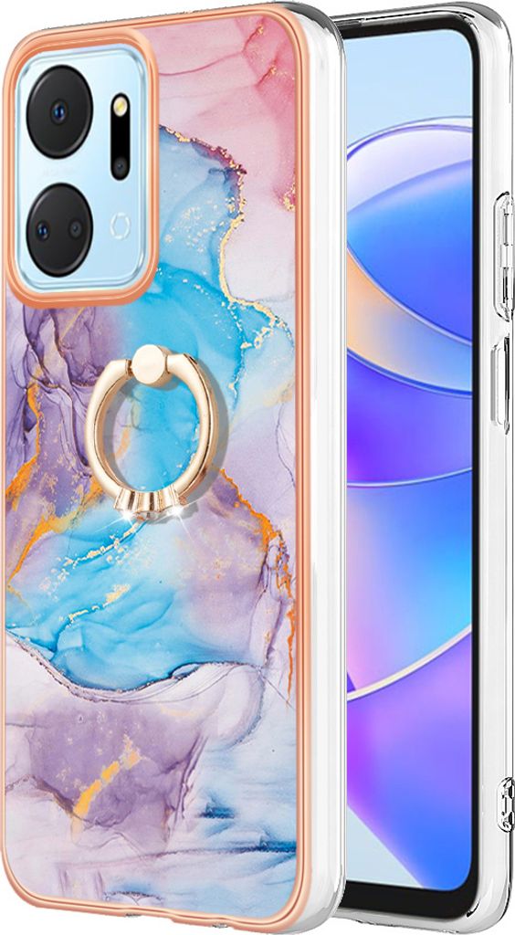 Hülle für Honor X7a Muster TPU Silikon Stoßdämpfer Bumper Schutzhülle mit Ring Ständer Blau
