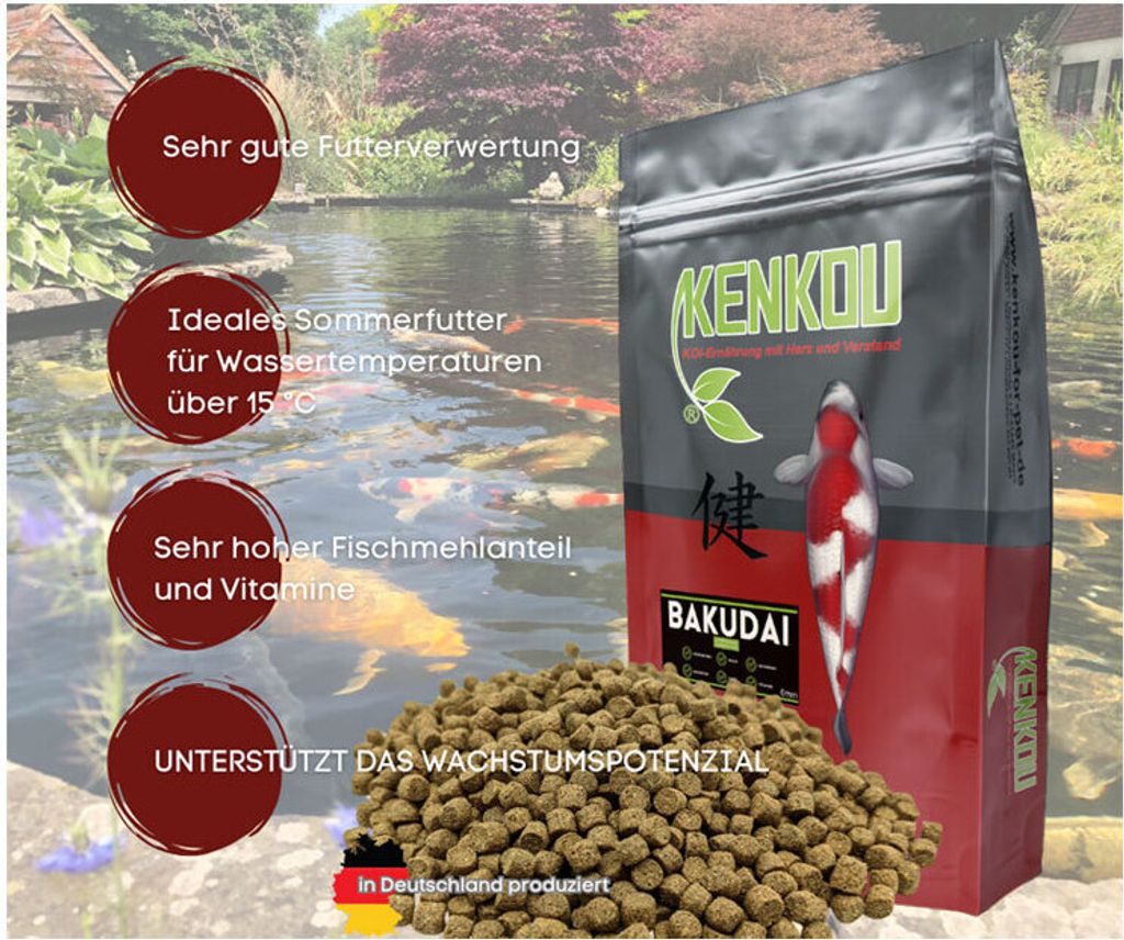 KENKOU BAKUDAI Premium Koi Fischfutter | Koifutter 2 kg 6mm Koi Pellets | Futter für bestes Wachstum & Farbe