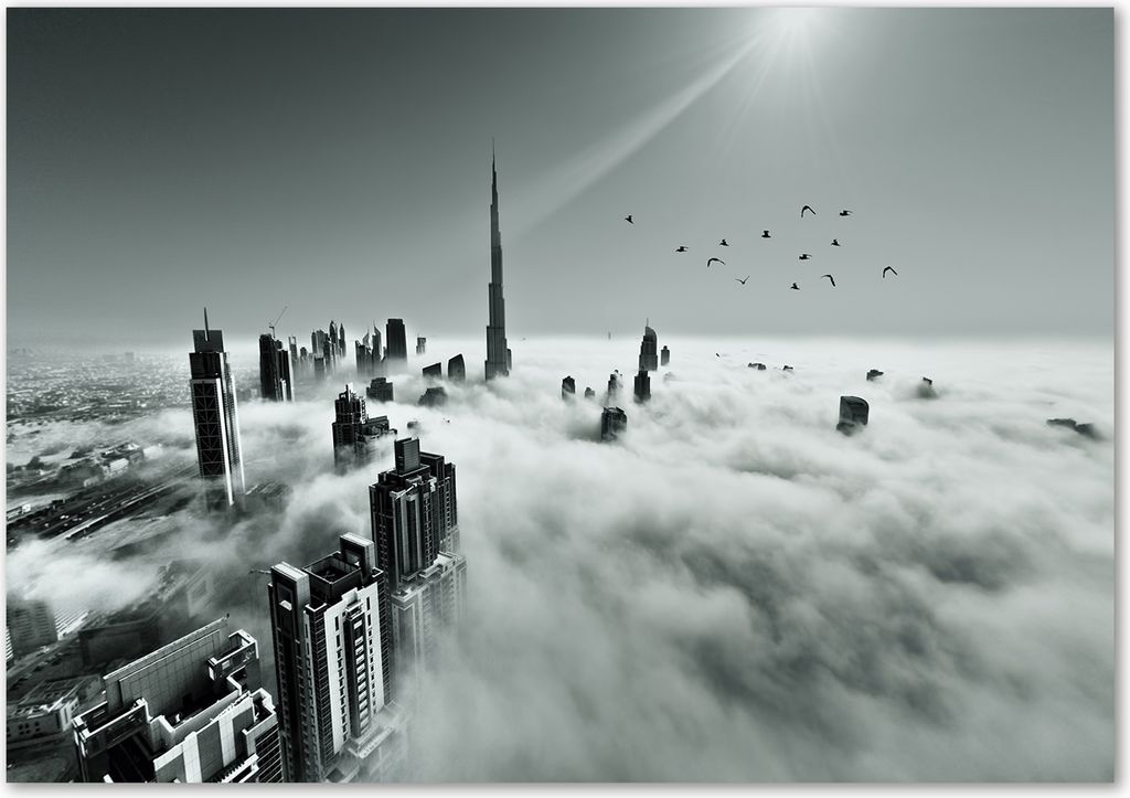 Tulup Leinwandbild - 100x70 cm - Wandkunst - Drucke auf Leinwand - Leinwanddruck - Sehenswürdigkeiten & Architektur - Schwarzweiß - Nebel übe...