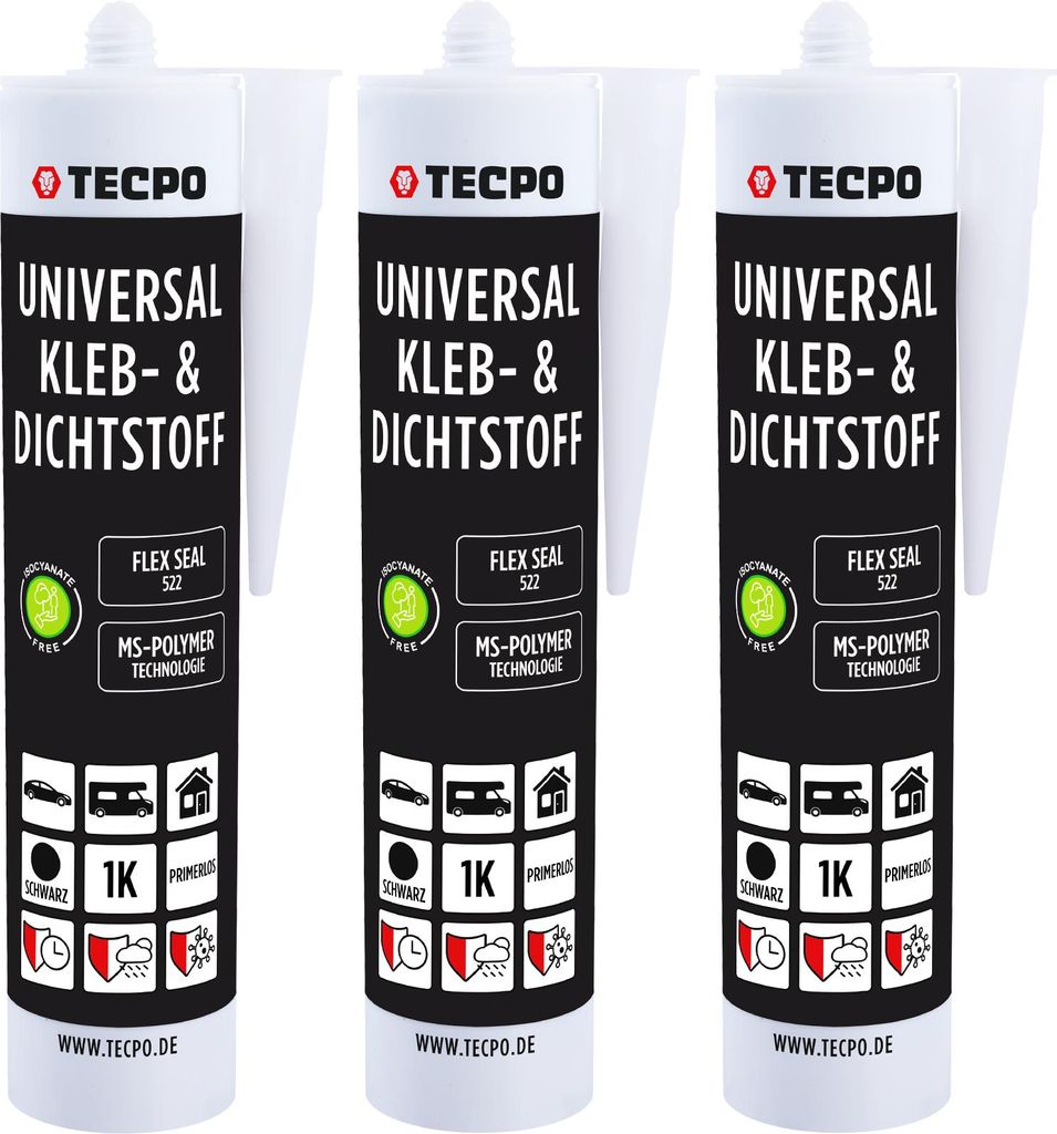 TECPO Universal Kleb- und Dichtstoff SMP Hybrid, 3x 480g Schwarz Flex Seal 522 elastisch, silikonfrei, lösemittelfrei- KFZ Bau Industrie Innen und...