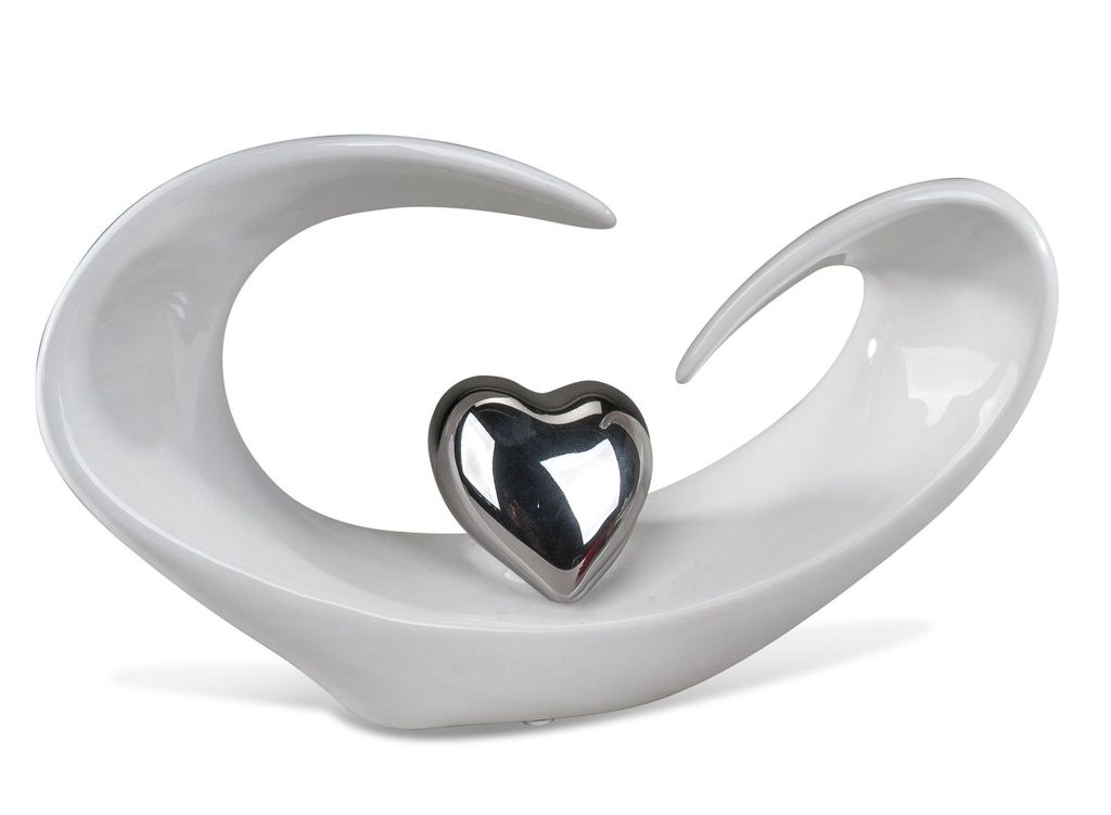 Moderne Skulptur Liebespaar auf einem Herz aus Keramik weiß/silber Höhe 40 cm