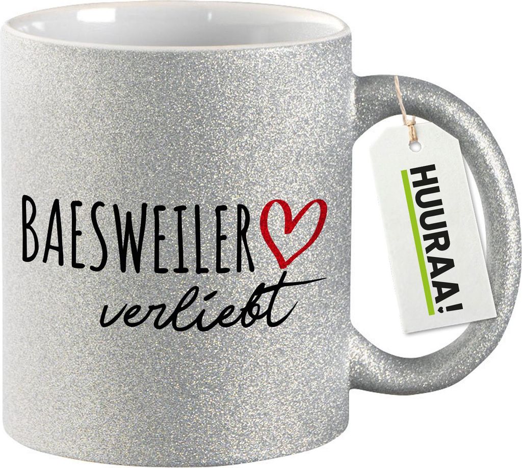 Huuraa Glitzertasse Baesweiler verliebt 330ml Silber Keramik Kaffeebecher Geschenkidee
