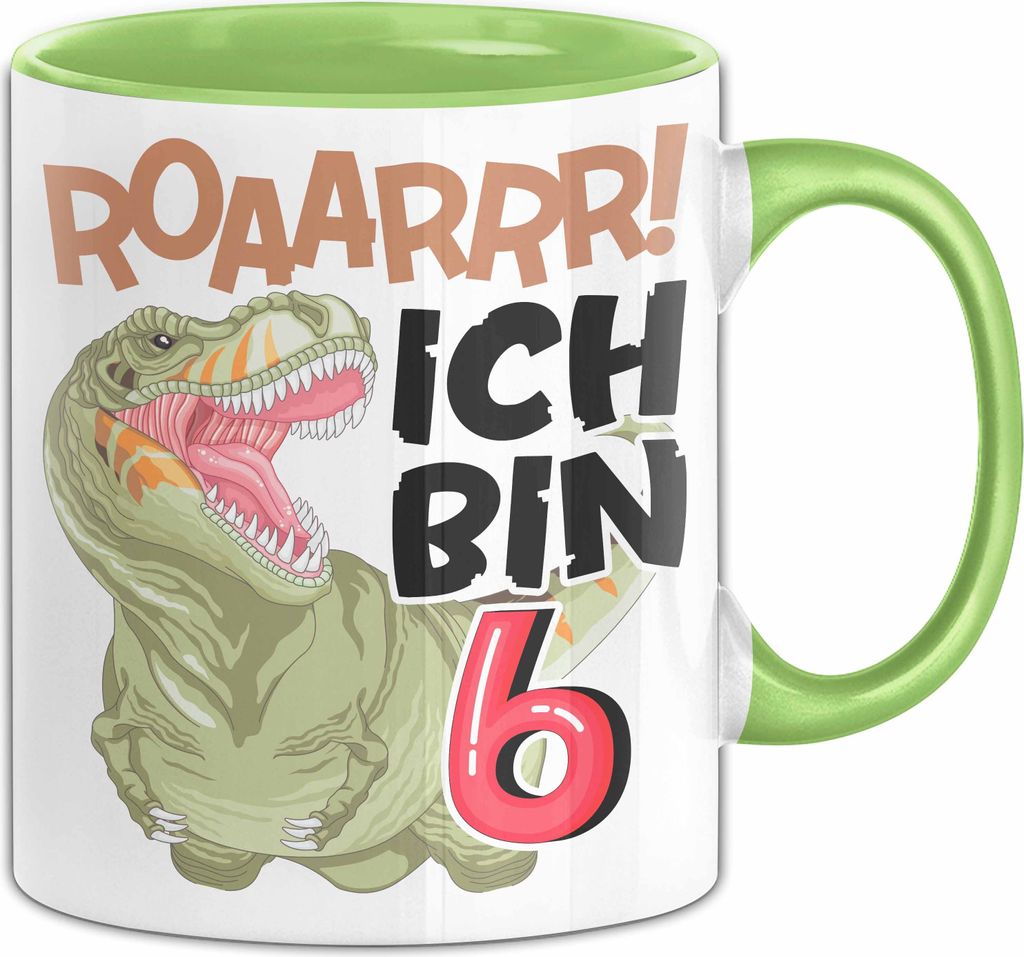 6. Geburtstag Geschenk Tasse Becher Jungs Dino T-Rex Roaarrr Ich Bin 6 (Grün)